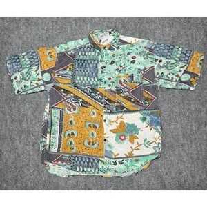 Vintage 90s GOOUCH Rayon Shirt Abstract Print Boho Retro Button Up Size Large